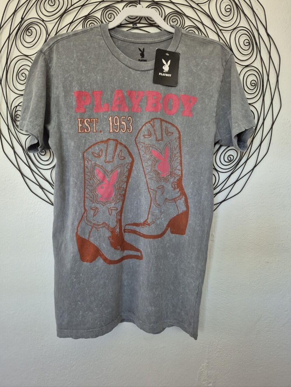 Auth. Playboy Western Cowgirl Graphic Tee Gray Mineral Wash Boots Shirt NWT
